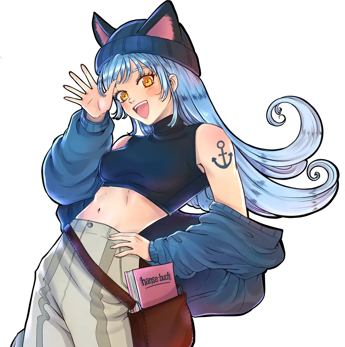 Illustration: Figur mit Katzenohren-Beanie und hellblauem Haar, winkend, das hanse:buch-Buch in der Umhängetasche