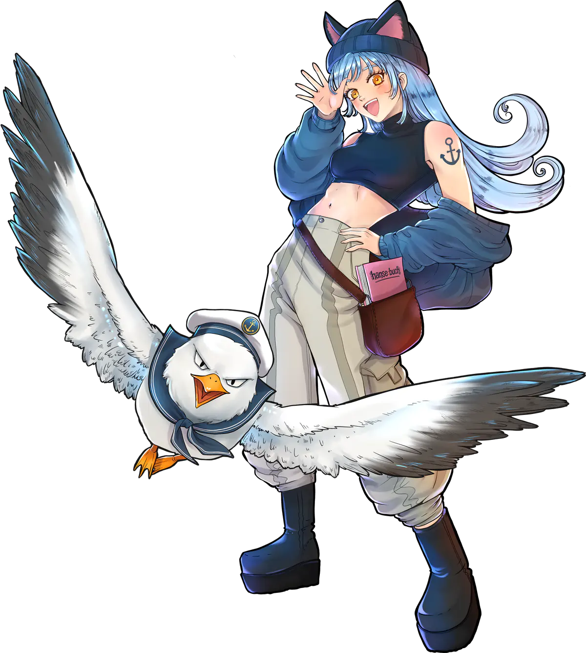 Illustration: die winkende Figur mit Katzenohren-Beanie, vor ihren Beinen fliegt die Möwe mit Matrosenmütze vorbei