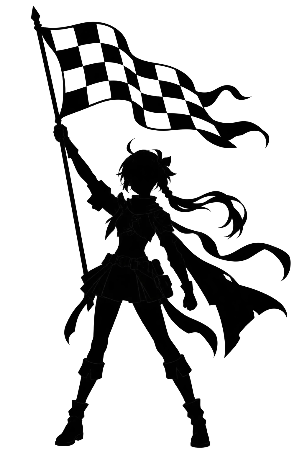 Ink-Silhouette einer Anime-Heldin, die eine karierte Zielflagge hochhält